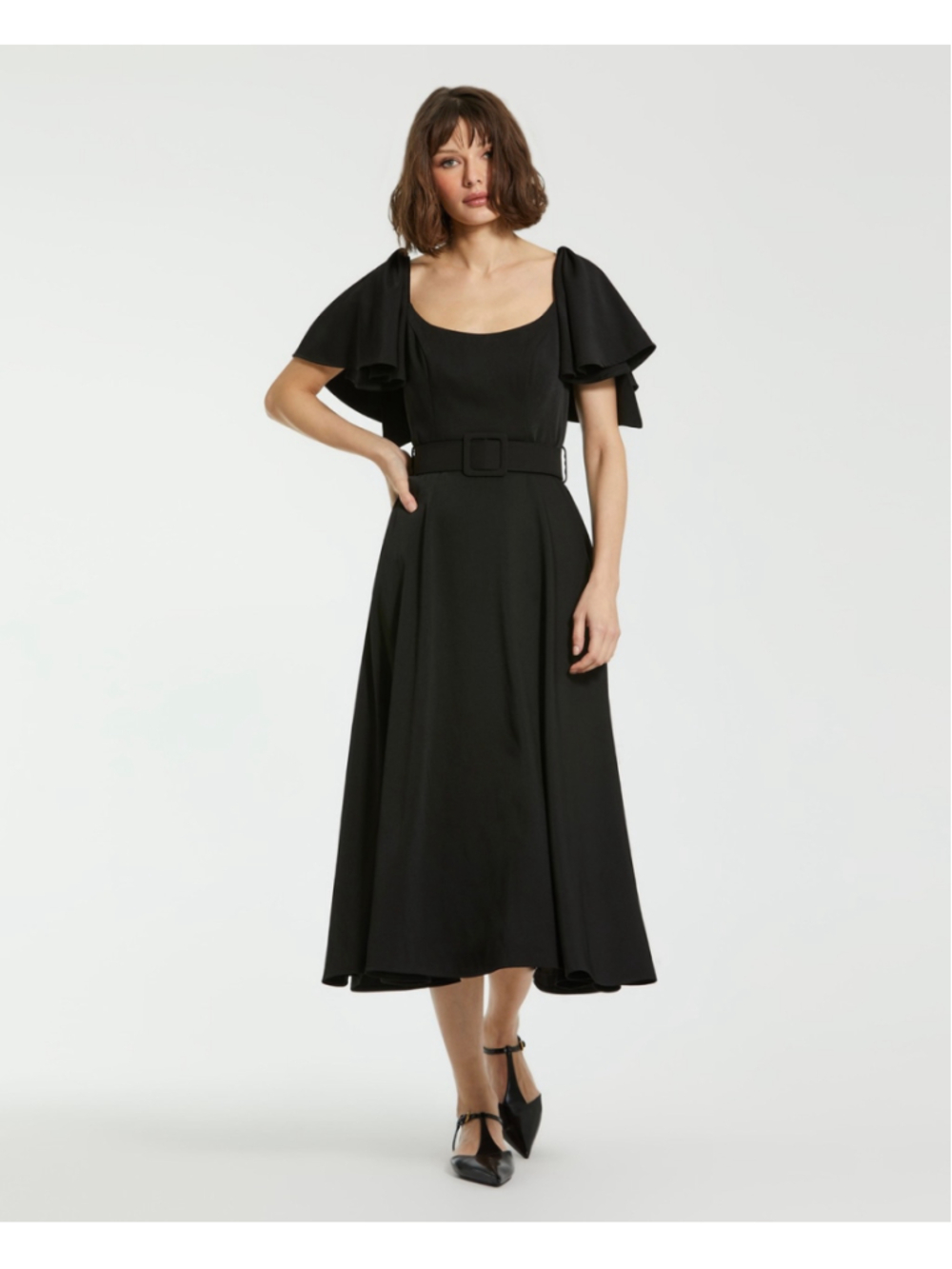 Women's Black Midi Dress with Flutter Sleeves and Belt, Size 4